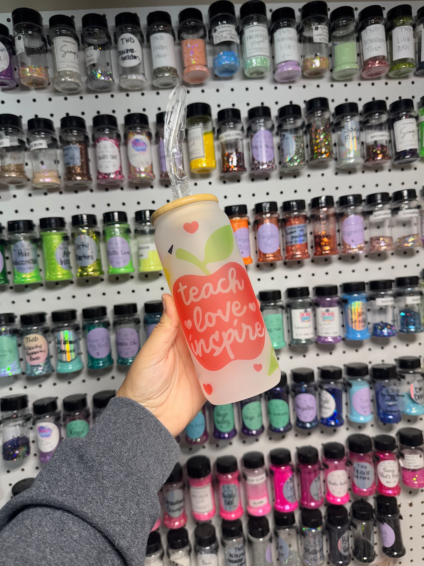 Glass Cup w/ Straw | Teacher Theme