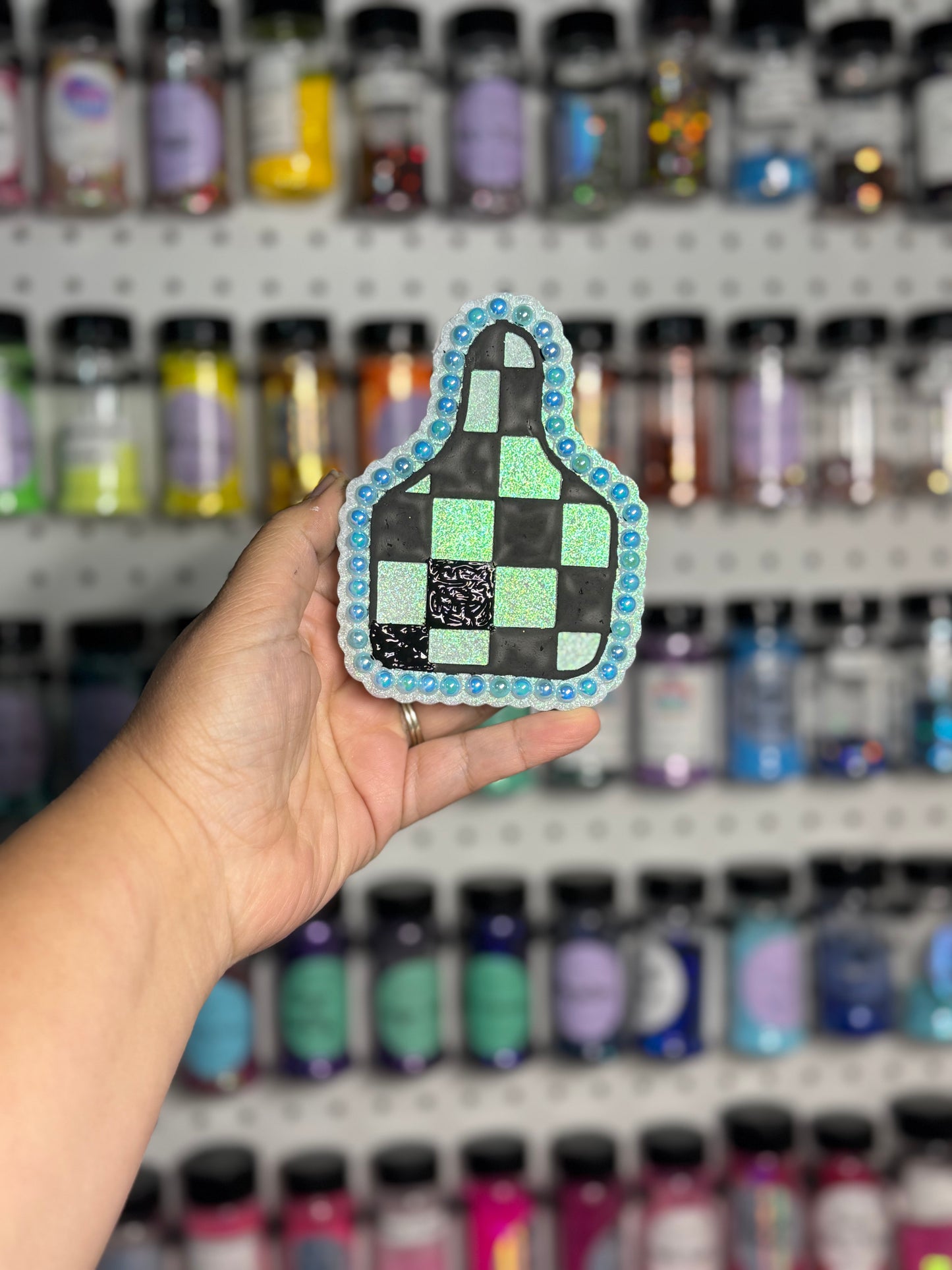 Checkered Cow Tag Freshie